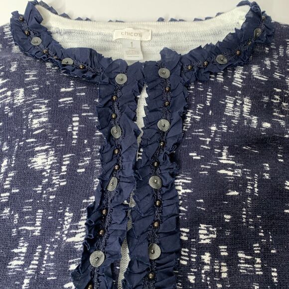 CHICO'S Women Cardigan Sz 1 Beaded Ruffle Blue/White Preppy Sweater pockets M - Picture 5 of 12